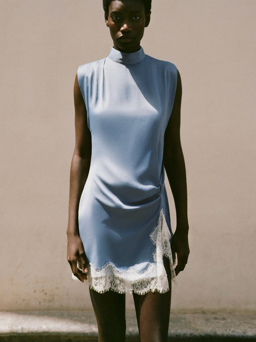 NWT ZARA Light Blue Satin Lace Mini Dress Mock Neck L